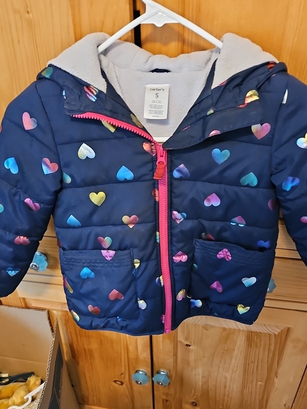 Carter's Navy Puffer Jacket with Multicolor Heart Print and Pink Zipper